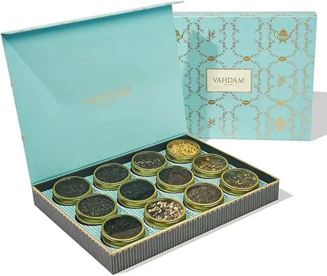 VAHDAM, Bloom - Assorted Tea Gift Set (12 Loose Leaf Tea) Tin Caddy Presentation Box | Gluten Free, Non GMO | Tea Gift Set for Women & Men