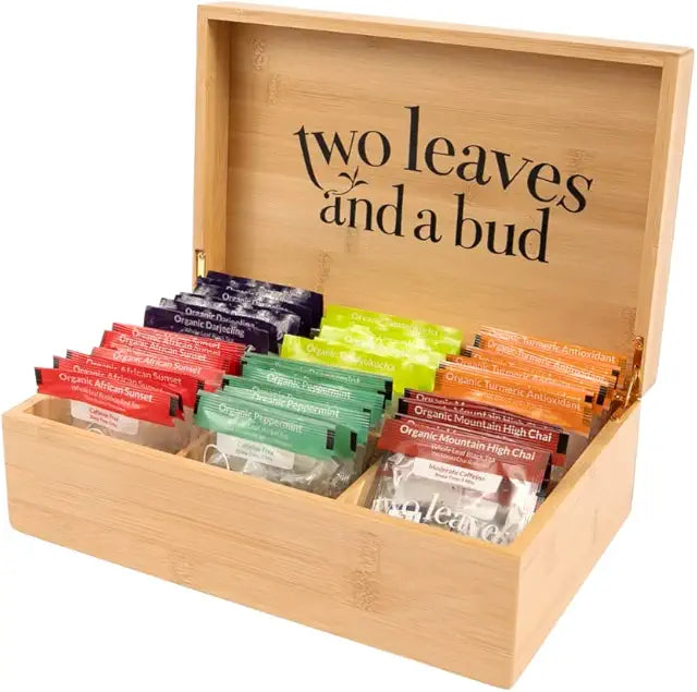 Two Leaves and a Bud Organic Tea Sampler in 6-Slot Bamboo Presentation Box - Filled Gift Box with Tea Assortment of Green, Black, and Herbal Teas