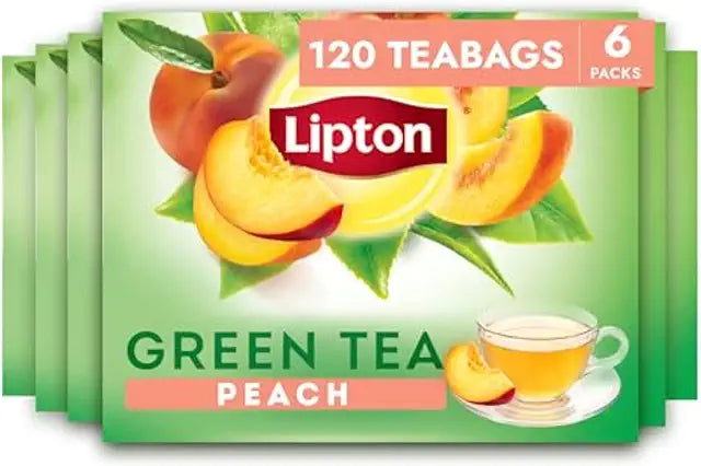 Lipton Peach Green Tea Bags, Flavored, Unsweetened Teabags with Caffeine and Flavonoids, 120 Total Tea Bags (20ct - Pack of 6)