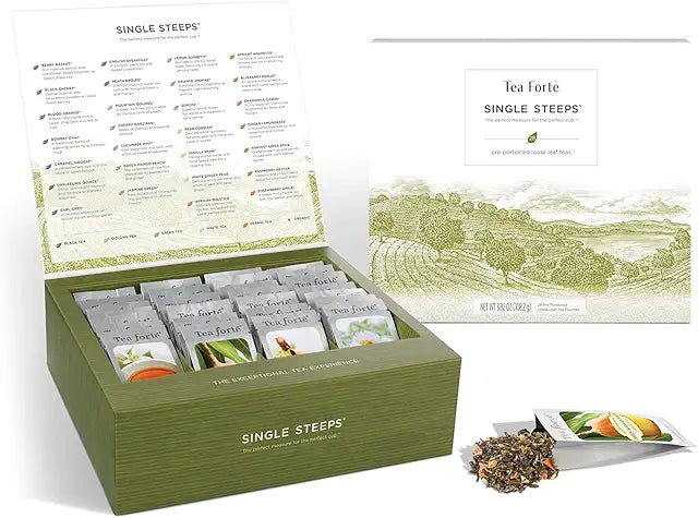 Tea Forte Single Steeps Loose Leaf Tea Sampler, Assorted Variety Tea Box, 15 Single Serve Pouches, Classic Tea