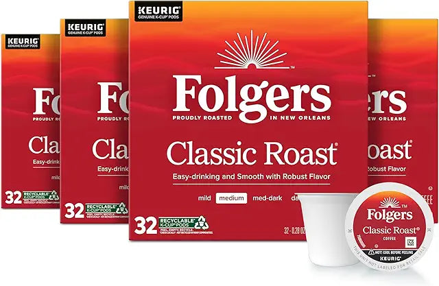 Folgers Classic Roast Medium Roast Coffee, Keurig K-Cup Pods, 32 Count Boxes (Pack of 4)