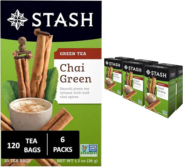 Stash Tea Chai Green Tea - Caffeinated, Non-GMO Project Verified Premium Tea with No Artificial Ingredients, 20 Count (Pack of 6) - 120 Bags Total