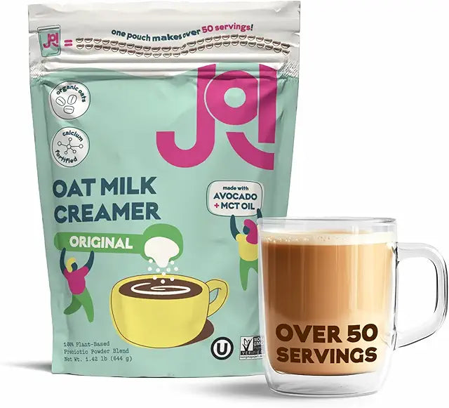JOI Instant Oat Milk Creamer Pouch - 32 servings - Vegan, Kosher, and Gluten-Free - Prebiotic, Superfood, Fortified with Calcium, No Hydrogenated Oils. Only 3G of Sugar. Zero gums or perservatives.