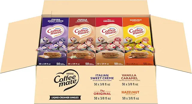 Nestle Coffee mate Creamer Singles Variety Pack, Original, Hazelnut, Italian Sweet Creme, Vanilla Caramel Non Dairy, No Refrigeration, 0.375 fl oz Tubs, 200 Count (Pack of 50 Per Flavor)