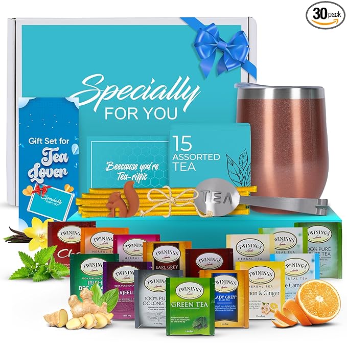 Modern Elegance Tea Gift Set, Includes 15 Teas, Stainless Steel Tumbler, Honey Straws, Tea Spoon Squeezer, Squirrel Tea Bag Holder (Purple)