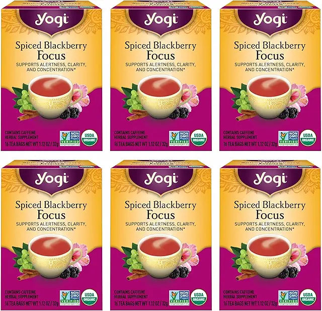 Yogi Spiced Blackberry Focus Tea, Vegan Friendly, Kosher, USDA Certified Organic, Non-GMO, 16 Tea Bags (Pack of 6)