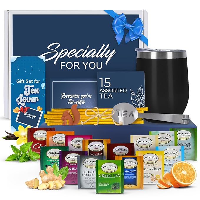 Modern Elegance Tea Gift Set, Includes 15 Teas, Stainless Steel Tumbler, Honey Straws, Tea Spoon Squeezer, Squirrel Tea Bag Holder (Purple)