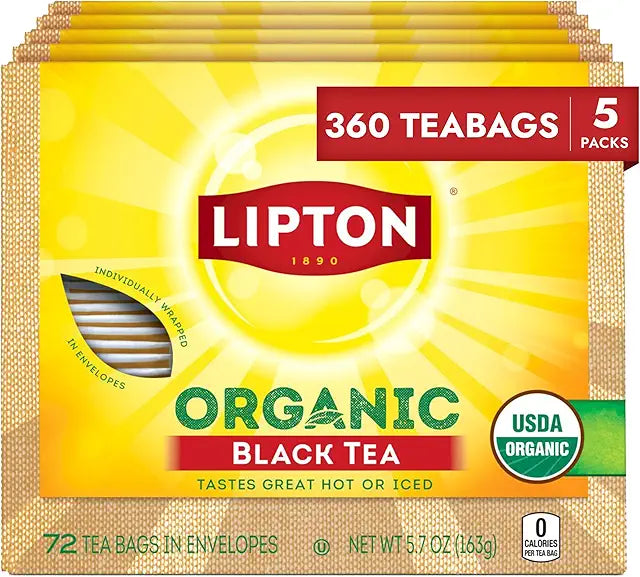 Lipton Organic Black Tea Bags, Caffeine Tea, 360 Total Bags (72ct - Pack of 5)