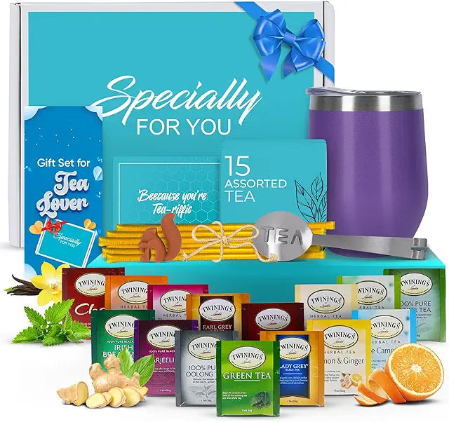 Modern Elegance Tea Gift Set, Includes 15 Teas, Stainless Steel Tumbler, Honey Straws, Tea Spoon Squeezer, Squirrel Tea Bag Holder (Purple)