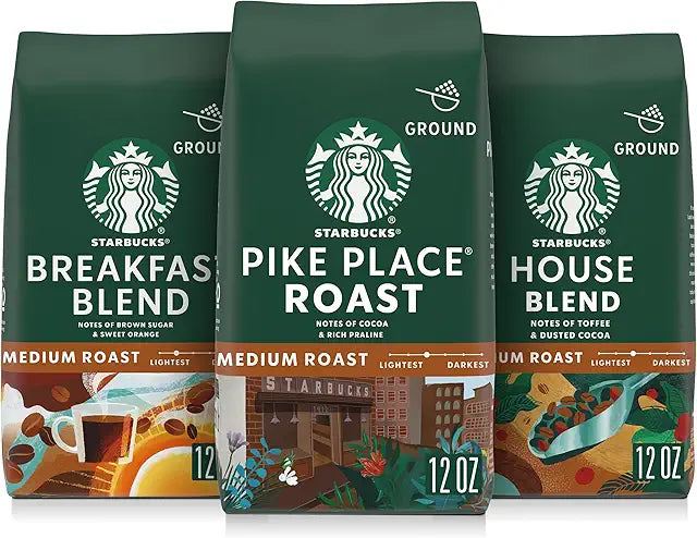 Starbucks Ground Coffee, Medium Roast Hot or Iced Coffee, Variety Pack, Three 12 oz Bags