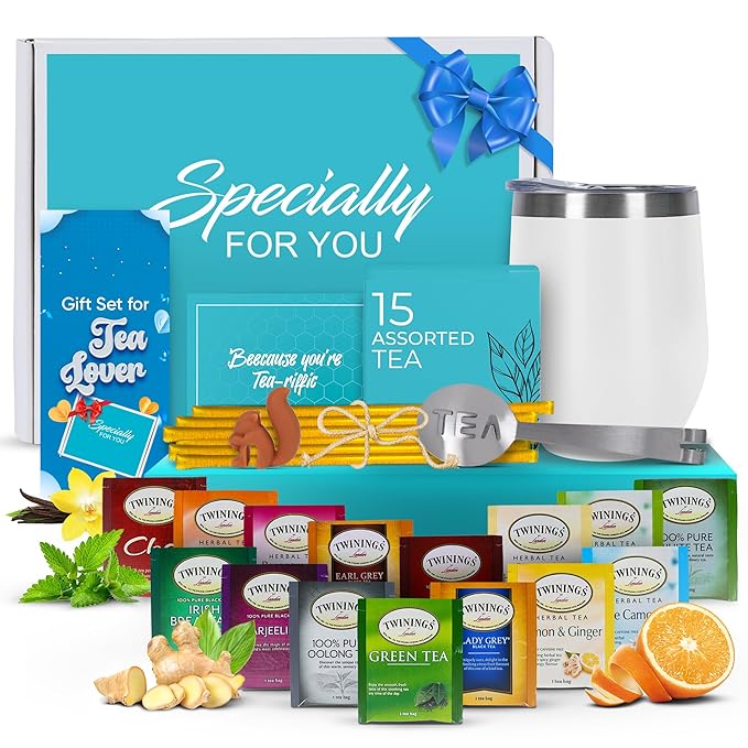 Modern Elegance Tea Gift Set, Includes 15 Teas, Stainless Steel Tumbler, Honey Straws, Tea Spoon Squeezer, Squirrel Tea Bag Holder (Purple)