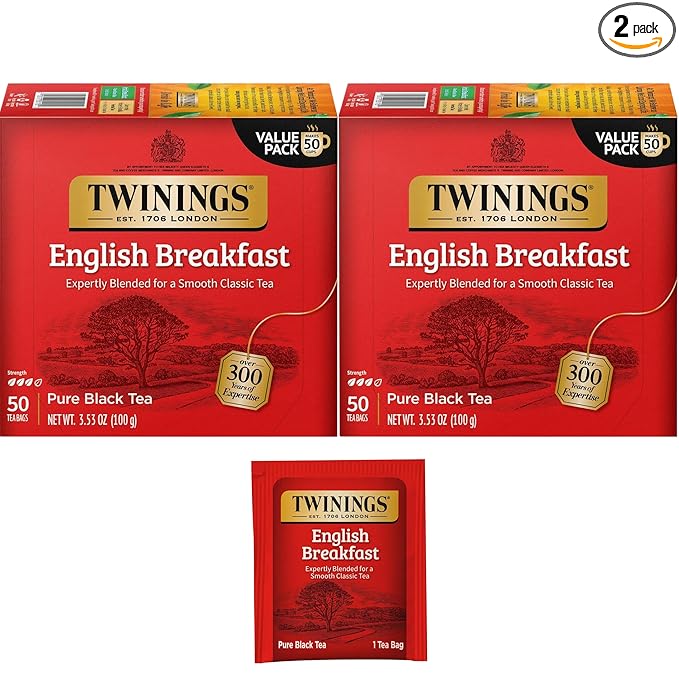 Twinings English Breakfast Individually Wrapped Tea Bags, 50 Count (Pack of 2), Caffeinated Black Tea