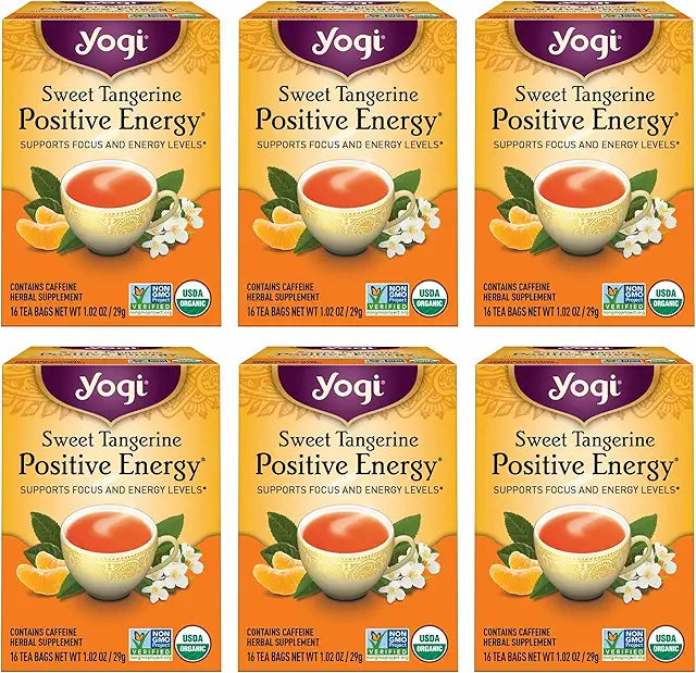 Yogi Sweet Tangerine Positive Energy Tea - 16 Tea Bags per Pack (6 Packs) - Organic Tangerine Energy Tea - Includes Black Tea Leaf, Yerba Mate Leaf, Ashwagandha Root & More