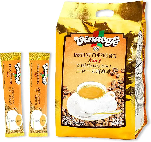 Vinacafe Vietnamese Instant Coffee 100 Sticks 3 in 1 Milk Coffee Blend, Smooth Medium Roast Instant Mix for Fast Brewing at Office or Travel